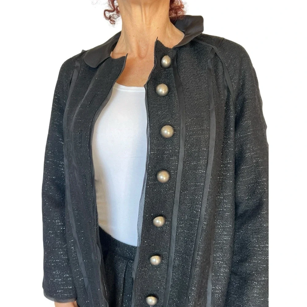PETER SOM $3K  BLACK SHIMMER 2 PIECE COAT SKIRT SUIT SET OUTFIT WOOL WOMEN'S 6